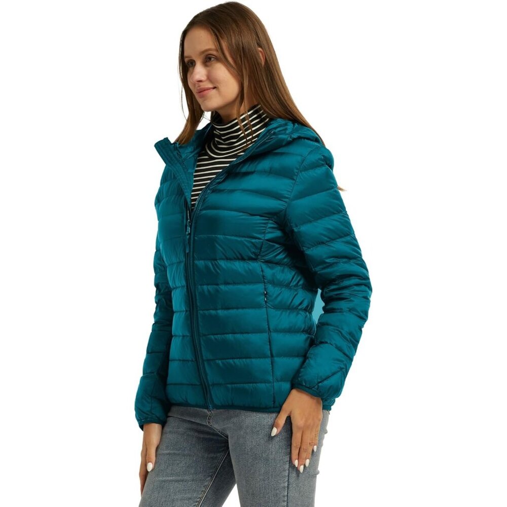 Women's Teal Blue Short Down Hooded Puffer Jacket Coat Fabric Packable Ultra - Picture 3 of 6